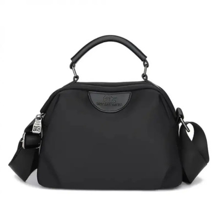 New Portable Nylon Cloth with Cowhide Shoulder Bag(Black)